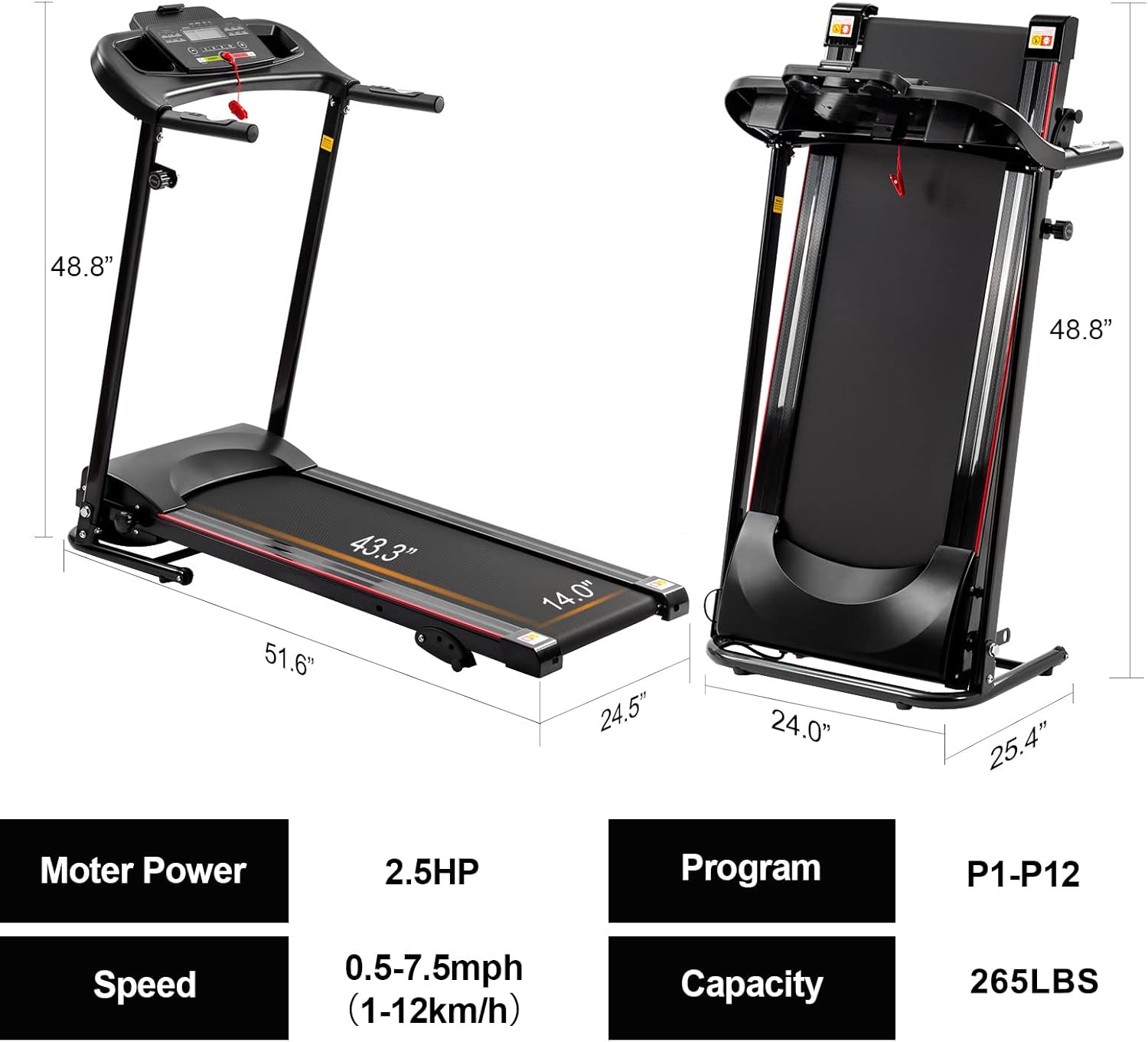 Folding Treadmill with Incline 2.5HP 12KM/H Electric Treadmill B5014
