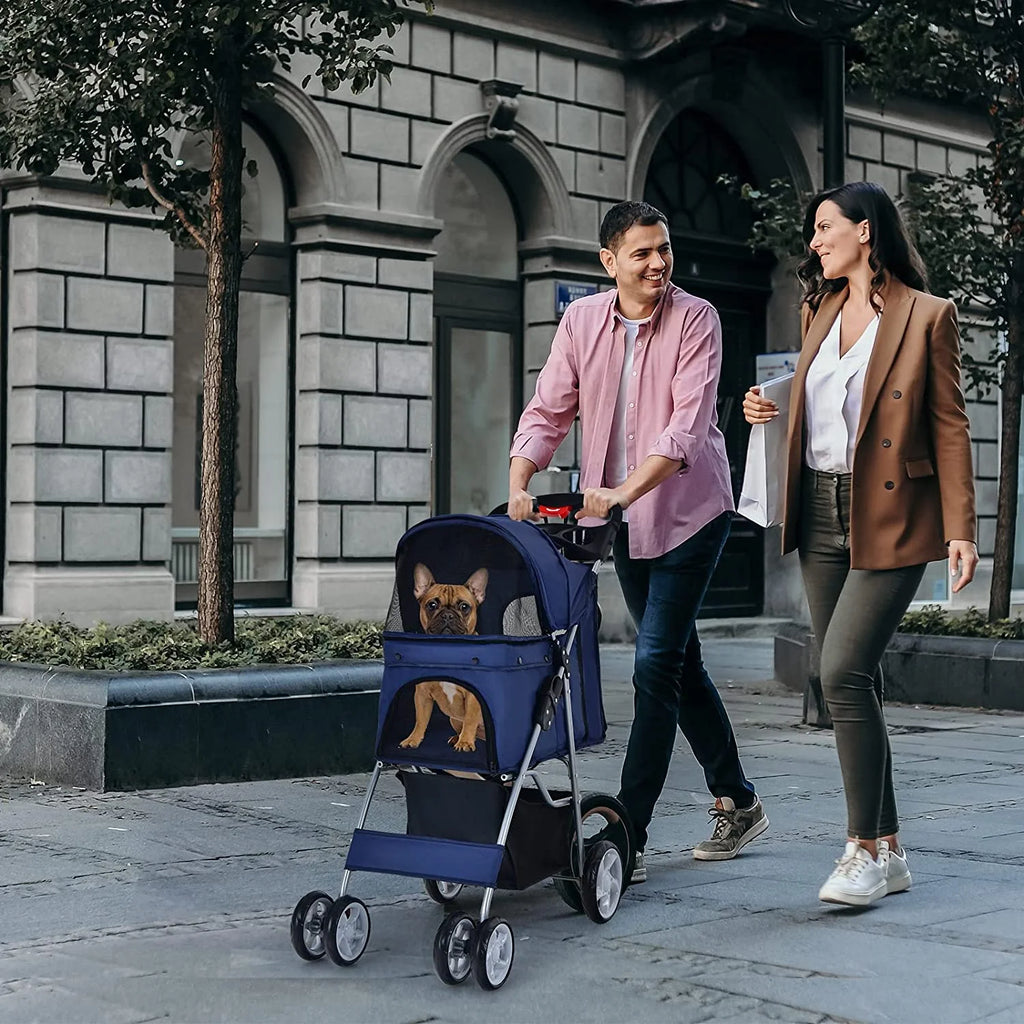 Navy Pet Stroller with 4 Lockable Wheels and Removable Liner R801