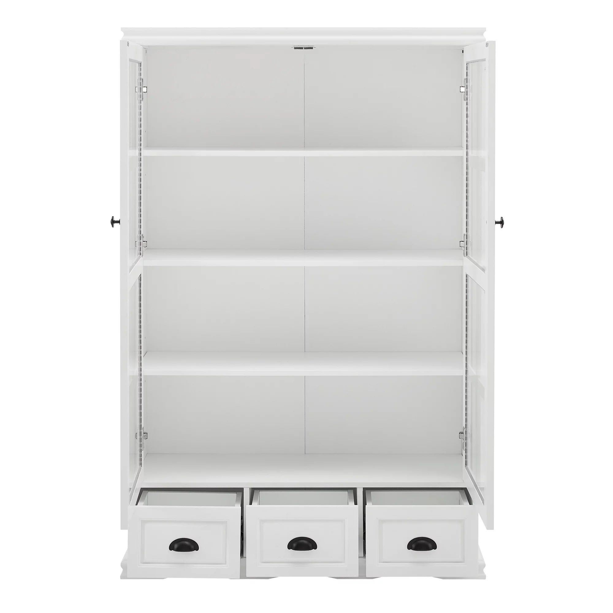 White Storage Cabinet with Tempered Glass Doors and Triple Drawers R9068