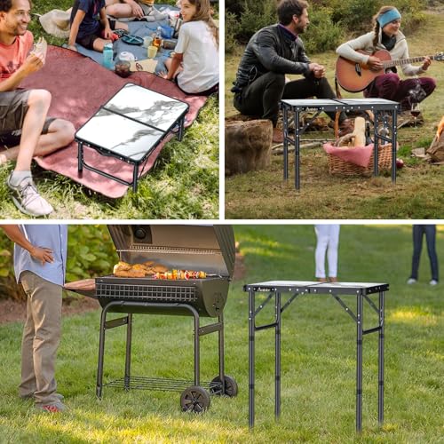 Folding Camping Table with Storage Net, 3 Adjustable Height Aluminum Small Portable Table with Carry Handle I408475