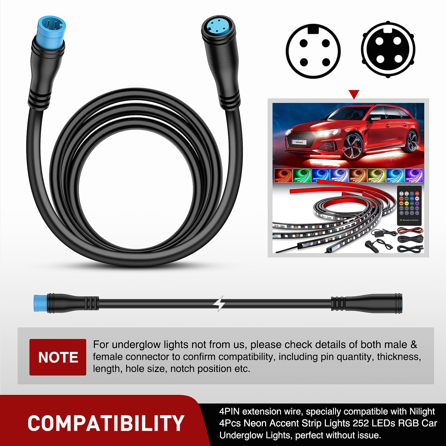 2 Pack 5FT 4 Pin Extension Cable Cord for Car Underglow Neon Accent Strip Lights 252 LEDs RGB 8 Color Wire Harness U636410