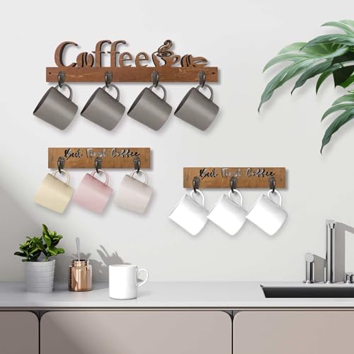 3 Pack Wall Mounted Wooden Coffee Mug Shelf with 10 Hooks J15873