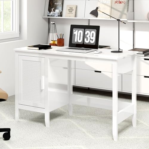 White Rattan Wood Desk with Drawers and Cabinet N564