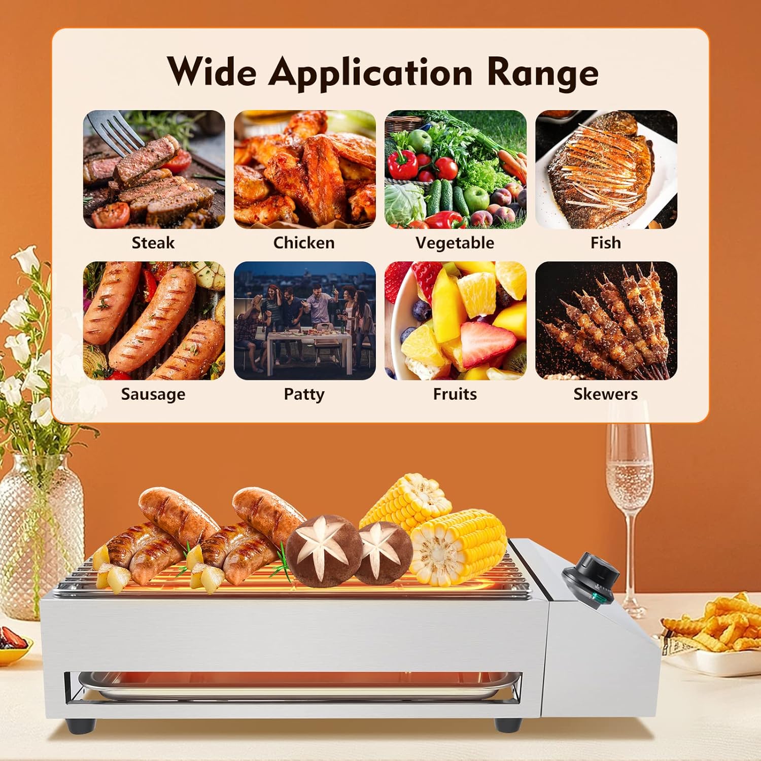 Electric Grill with Adjustable Temperature Control 572°F, 110V 1800W, Nonstick Cooking Surface M4615