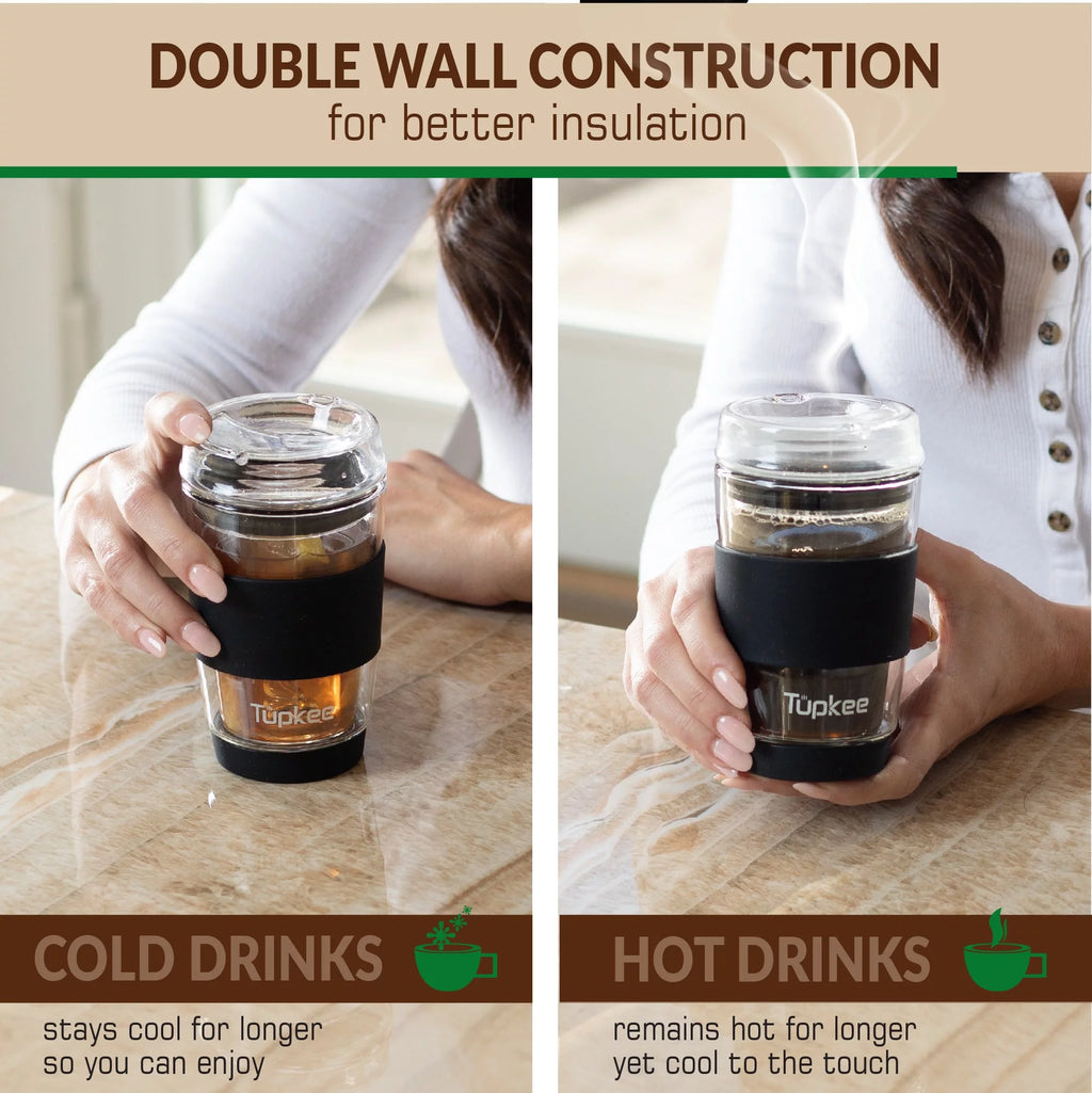 Black 8-Ounce Double Wall Glass Tumbler with Lid C35106