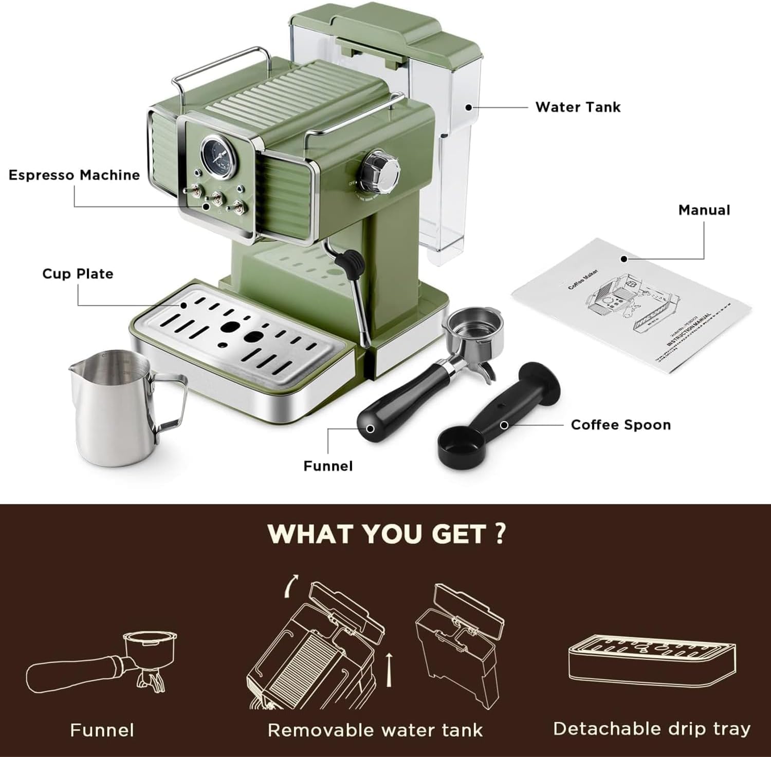 15 Bar Espresso Coffee Machine with Milk Frother Steam Wand, 54 Oz Removable Water Tank G370517