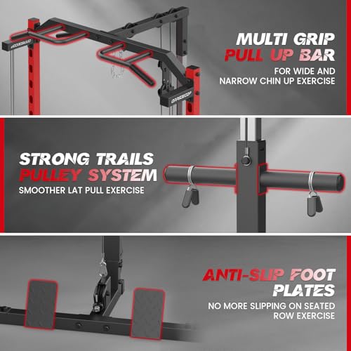 Smith Machine with LAT-Pull Down, Power Cage with Cable Crossover, Squat Rack with Landmine, Barbell Bar, Plate Storage Pegs J671420
