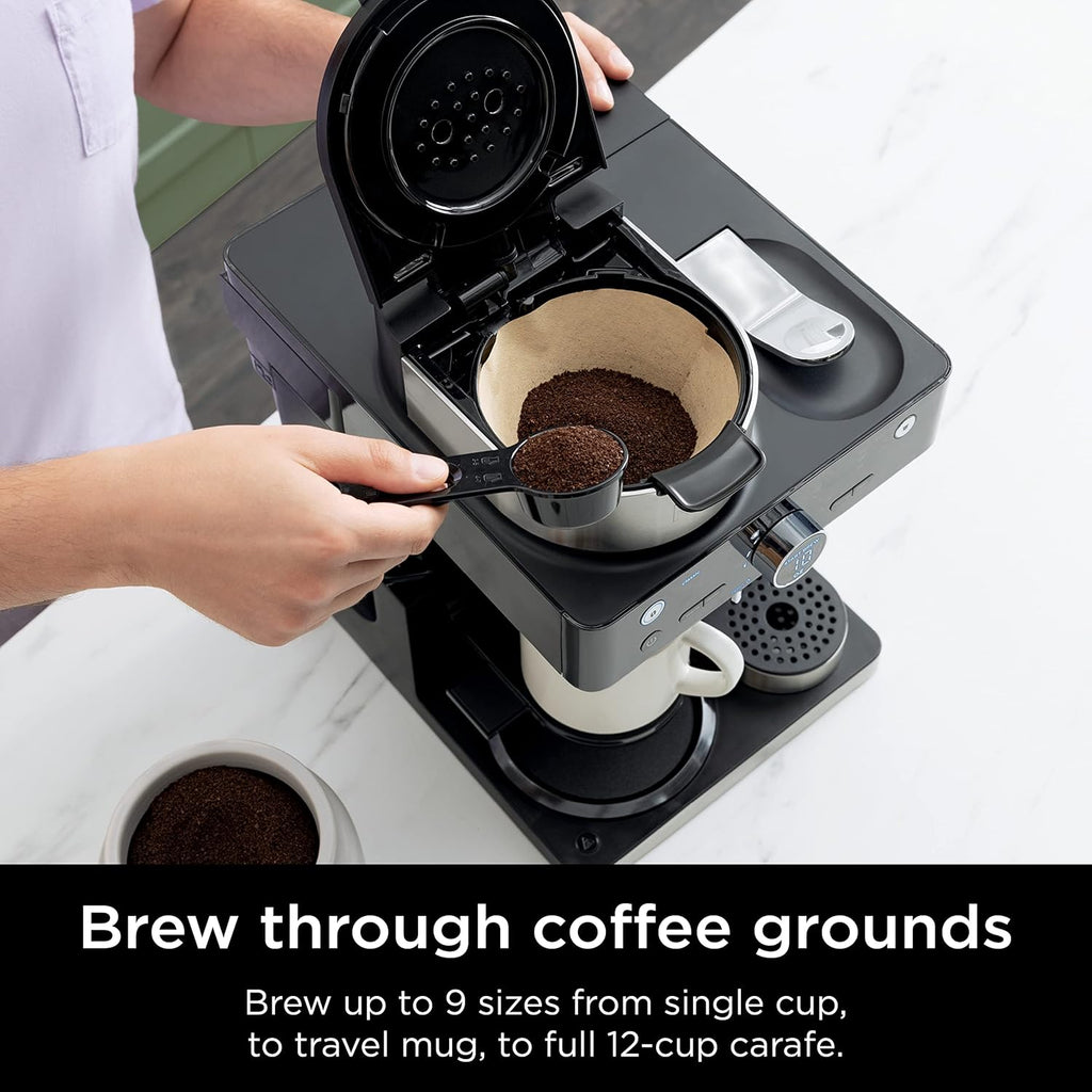 Black and Stainless Steel Espresso & Coffee System, 12-Cup Carafe, Built-in Frother D322402