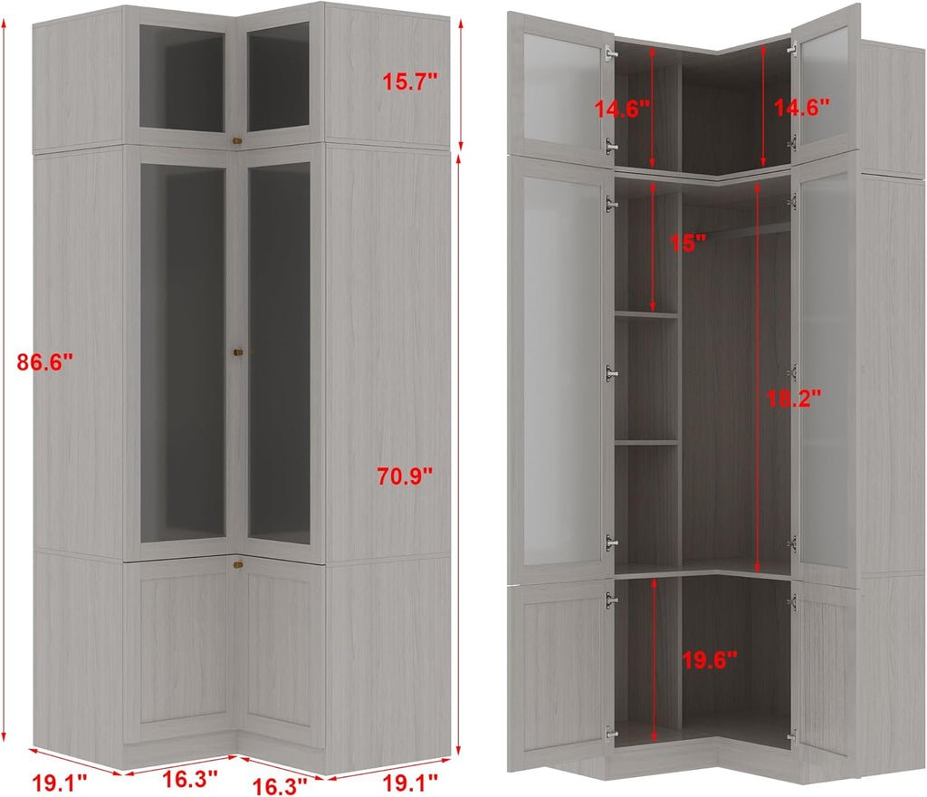 L-Shape Armoire Wardrobe Closet with Frosted Glass Doors, Wooden Storage Cabinet, Warm Grey T792895