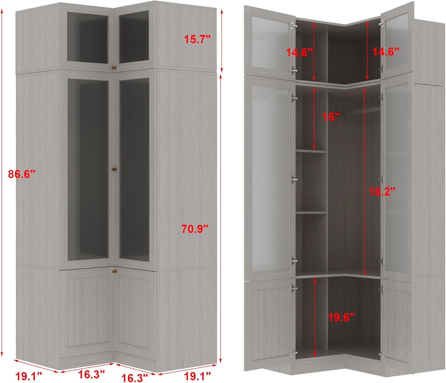 L-Shape Armoire Wardrobe Closet with Frosted Glass Doors, Wooden Storage Cabinet, Warm Grey T792895