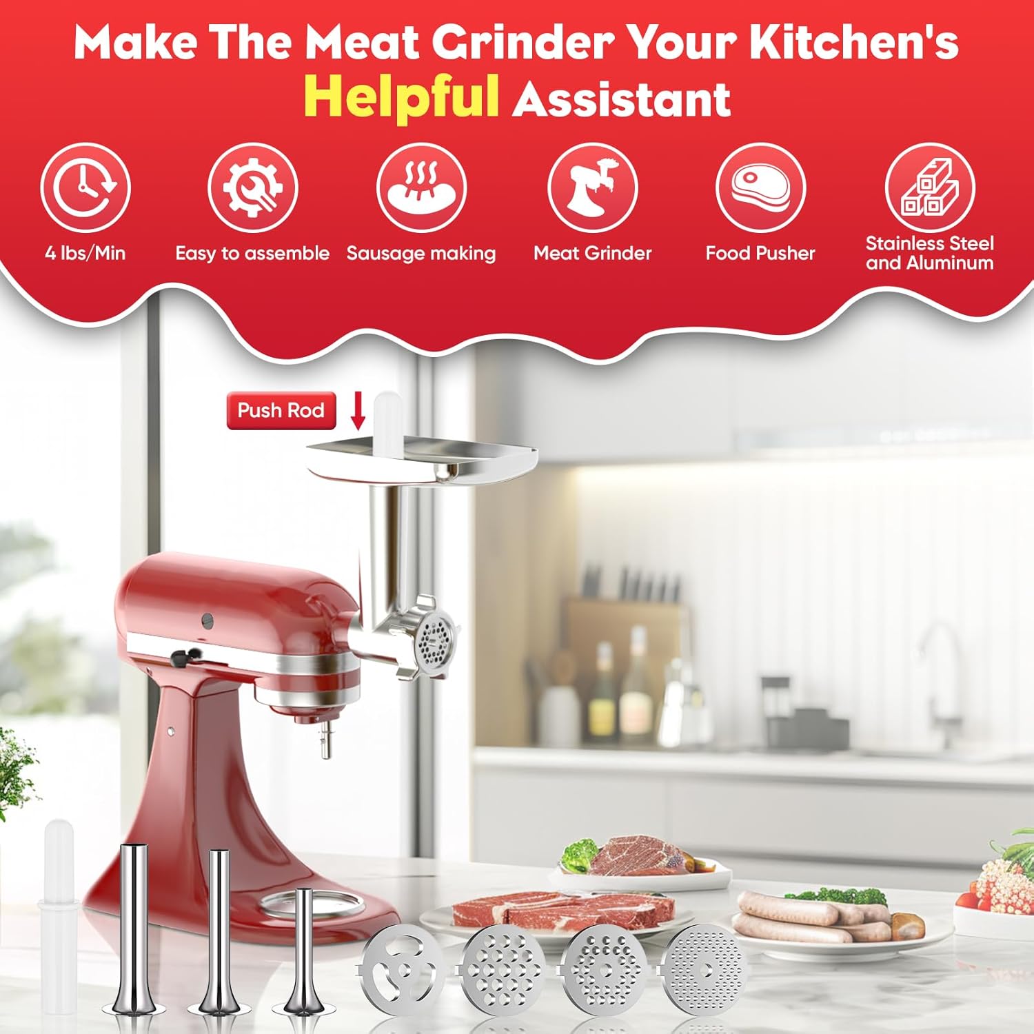 Meat Grinder Attachment for Kitchenaid Stand Mixers with 4 Grinding Plates, 3 Sausage Stuffer Tubes, 2 Grinding Blades B21340