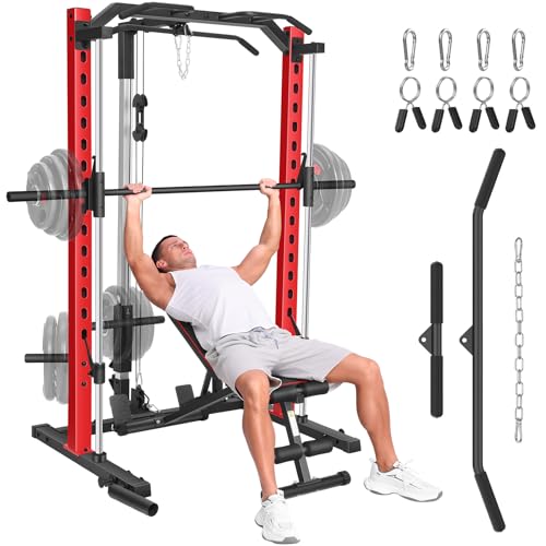 Smith Machine with LAT-Pull Down, Power Cage with Cable Crossover, Squat Rack with Landmine, Barbell Bar, Plate Storage Pegs J671420