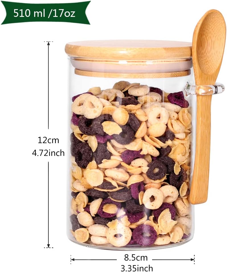 17 OZ Glass Containers with Bamboo Lids and Wooden Spoons (6 Pack) N4891