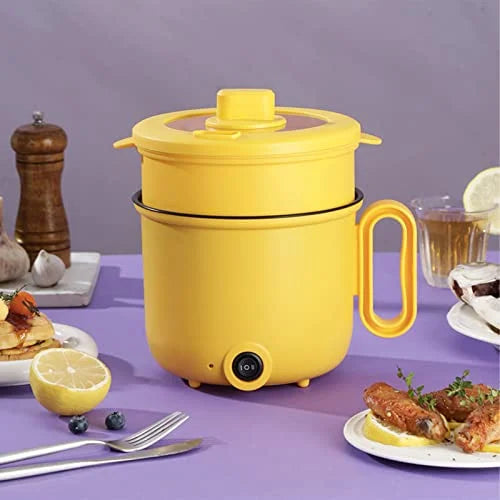 Electric Cooking Pot 1.5L Coated Clear Lid Yellow Double Layer X603