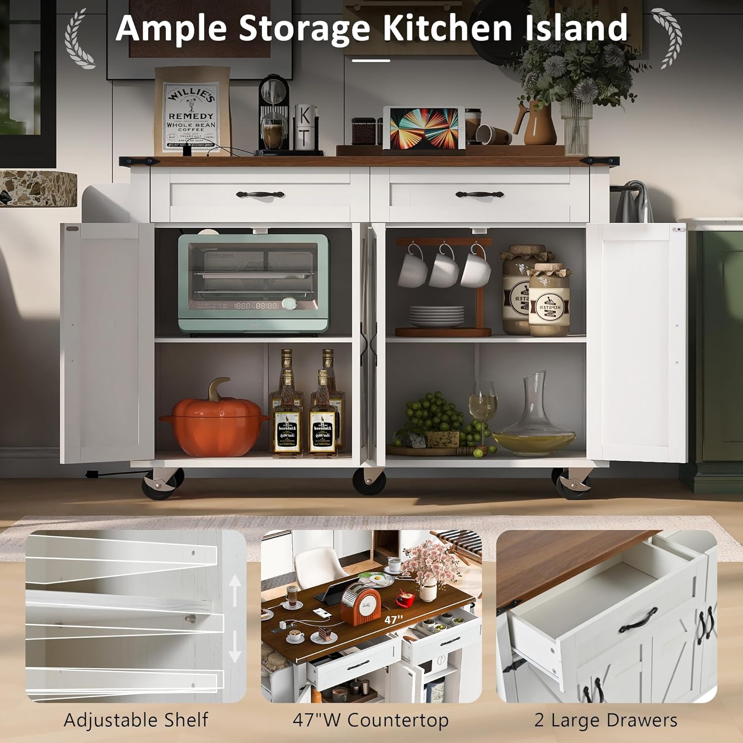 White Kitchen Island with Power Outlet and Drop Leaf Q981383