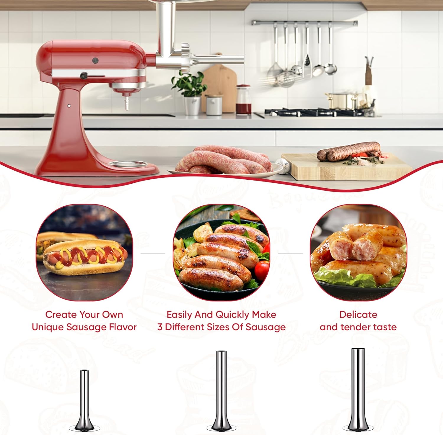 Meat Grinder Attachment for Kitchenaid Stand Mixers with 4 Grinding Plates, 3 Sausage Stuffer Tubes, 2 Grinding Blades B21340