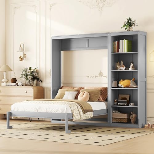 Queen Murphy Bed with Storage Bookcase Shelves, Wood Folding Grey Murphy Wall Bed Cabinet Q345567