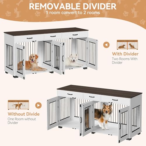 White Wooden Double Dog Crate with 3 Drawers T601938