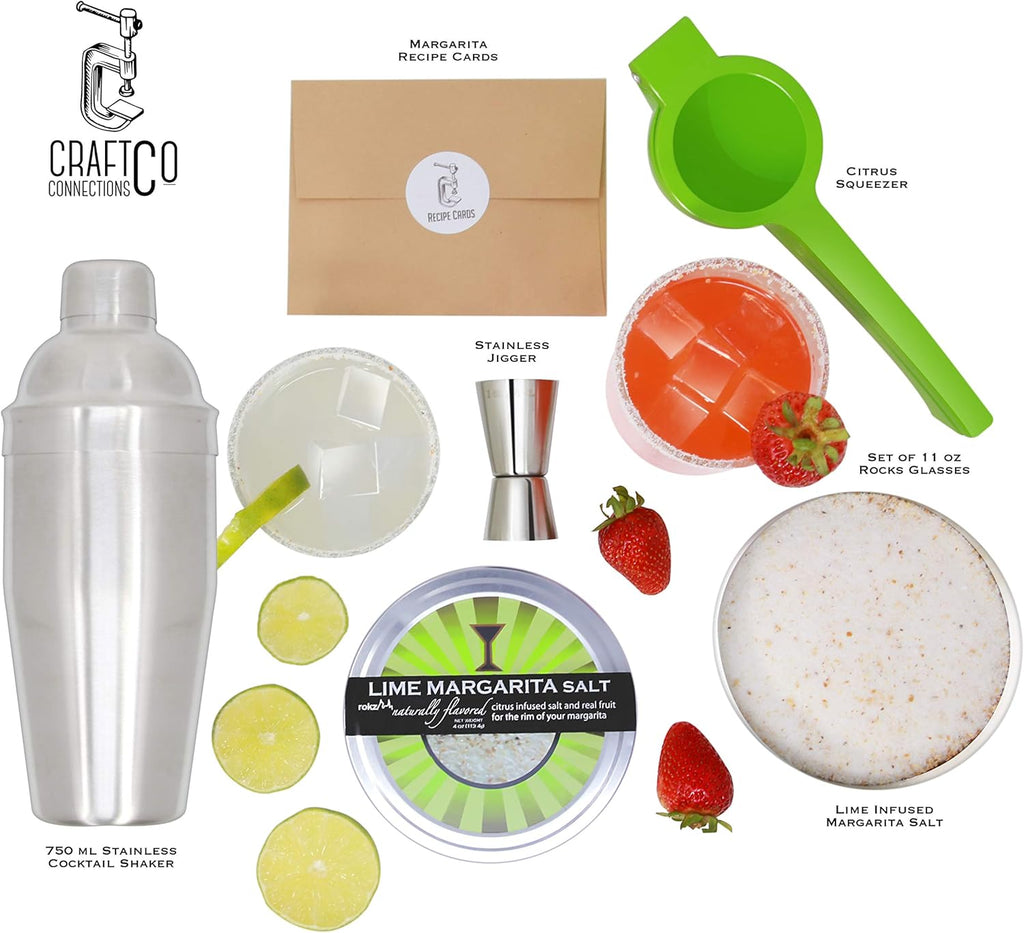 Set of Rocks Glasses, Stainless Cocktail Shaker & Jigger, Citrus Squeezer, Margarita Salt, Recipe Cards S619