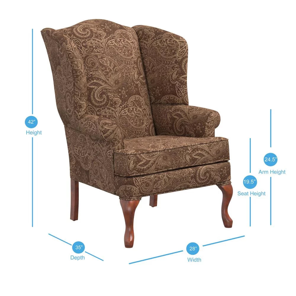 Paisley Cocoa Brown Chenille Fabric Wing Back Accent Chair L75046