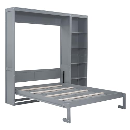 Queen Murphy Bed with Storage Bookcase Shelves, Wood Folding Grey Murphy Wall Bed Cabinet Q345567