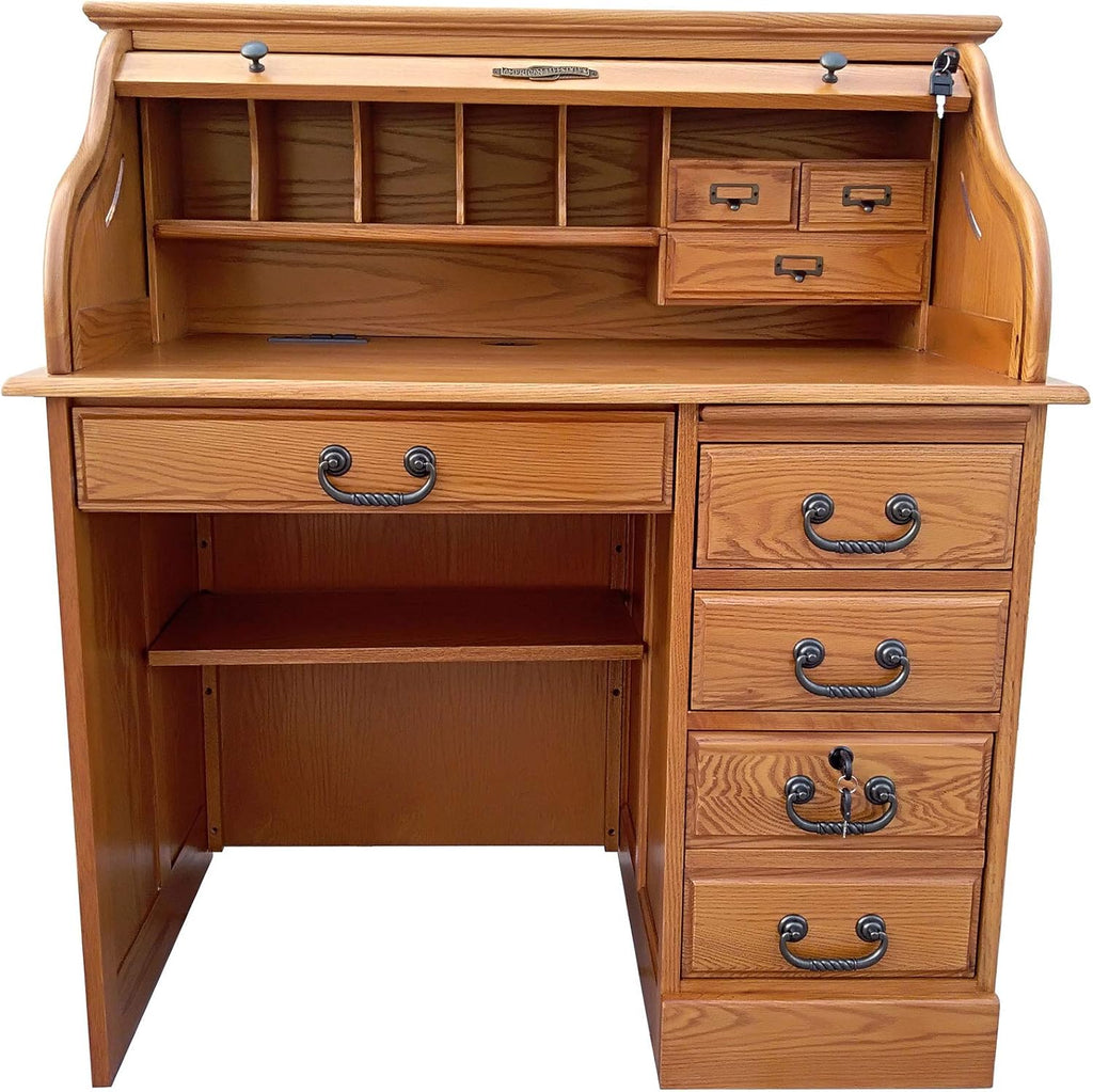 Solid Oak Wood Roll Top Desk with Locking File Drawers P11156
