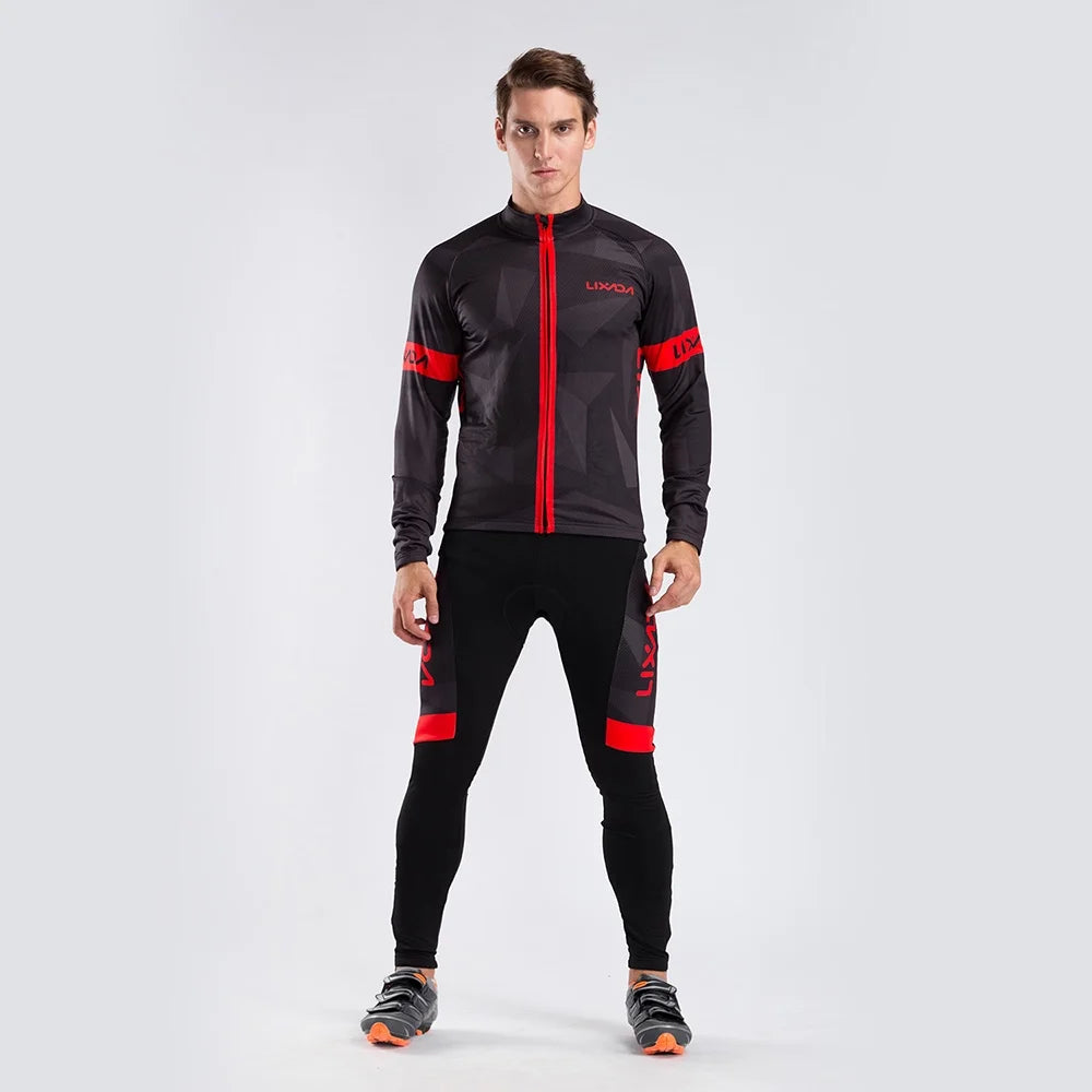 Men's Thermal Fleece Cycling Clothing Set - Long Sleeve Jacket & Windproof Padded Pants K371219