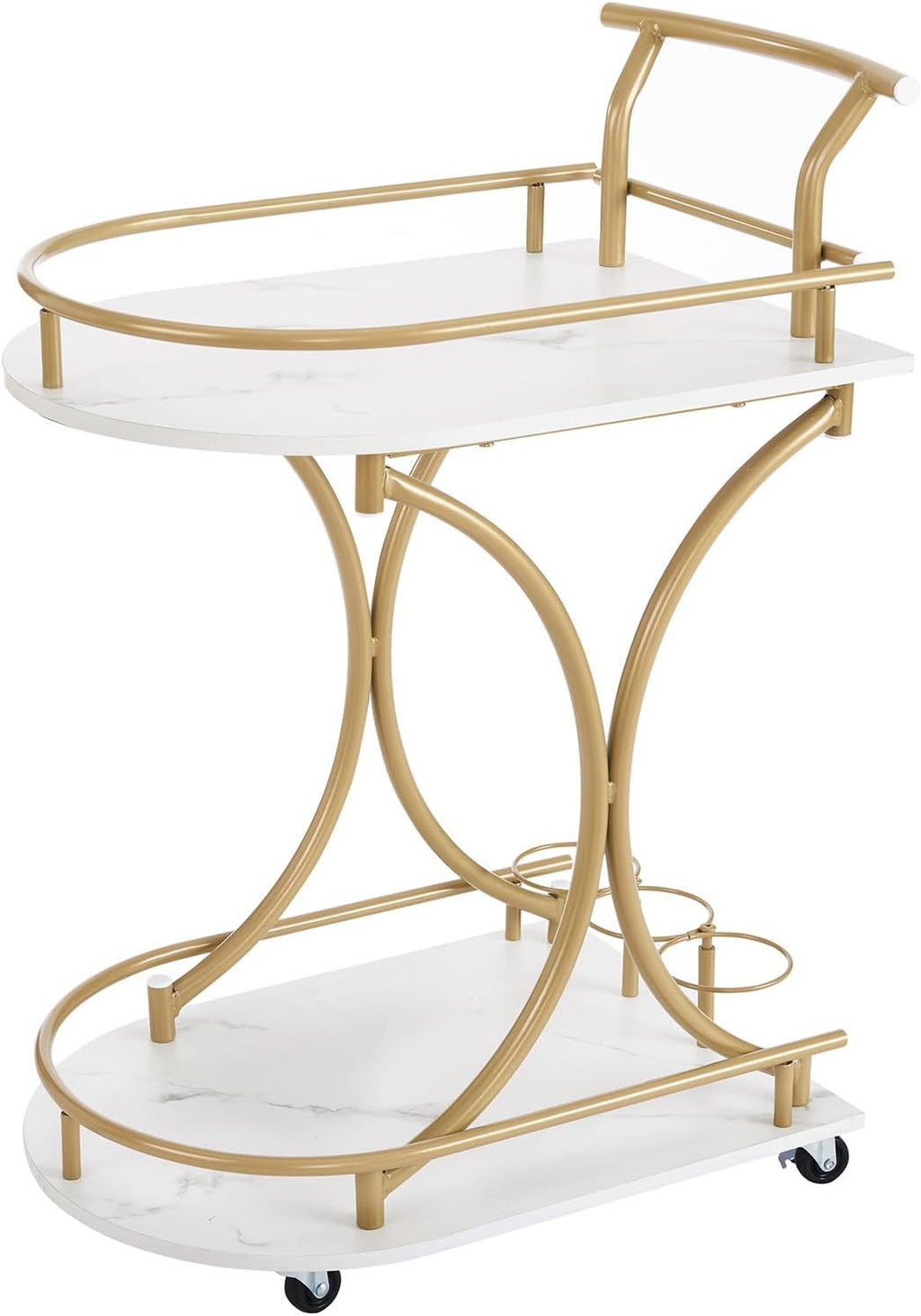 Gold 2-Tier Bar Cart with Wine Rack and Glass Holder Y521738