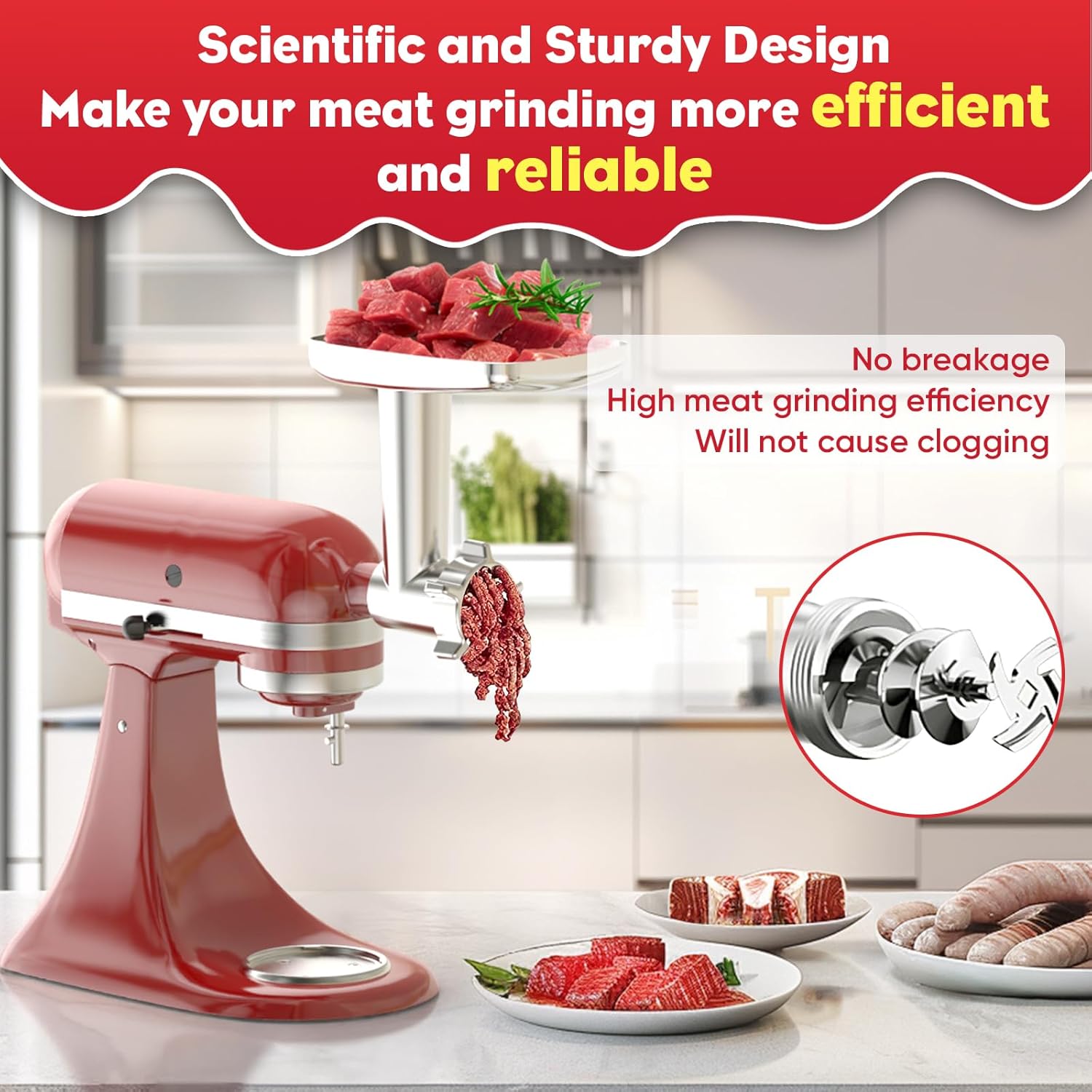 Meat Grinder Attachment for Kitchenaid Stand Mixers with 4 Grinding Plates, 3 Sausage Stuffer Tubes, 2 Grinding Blades B21340