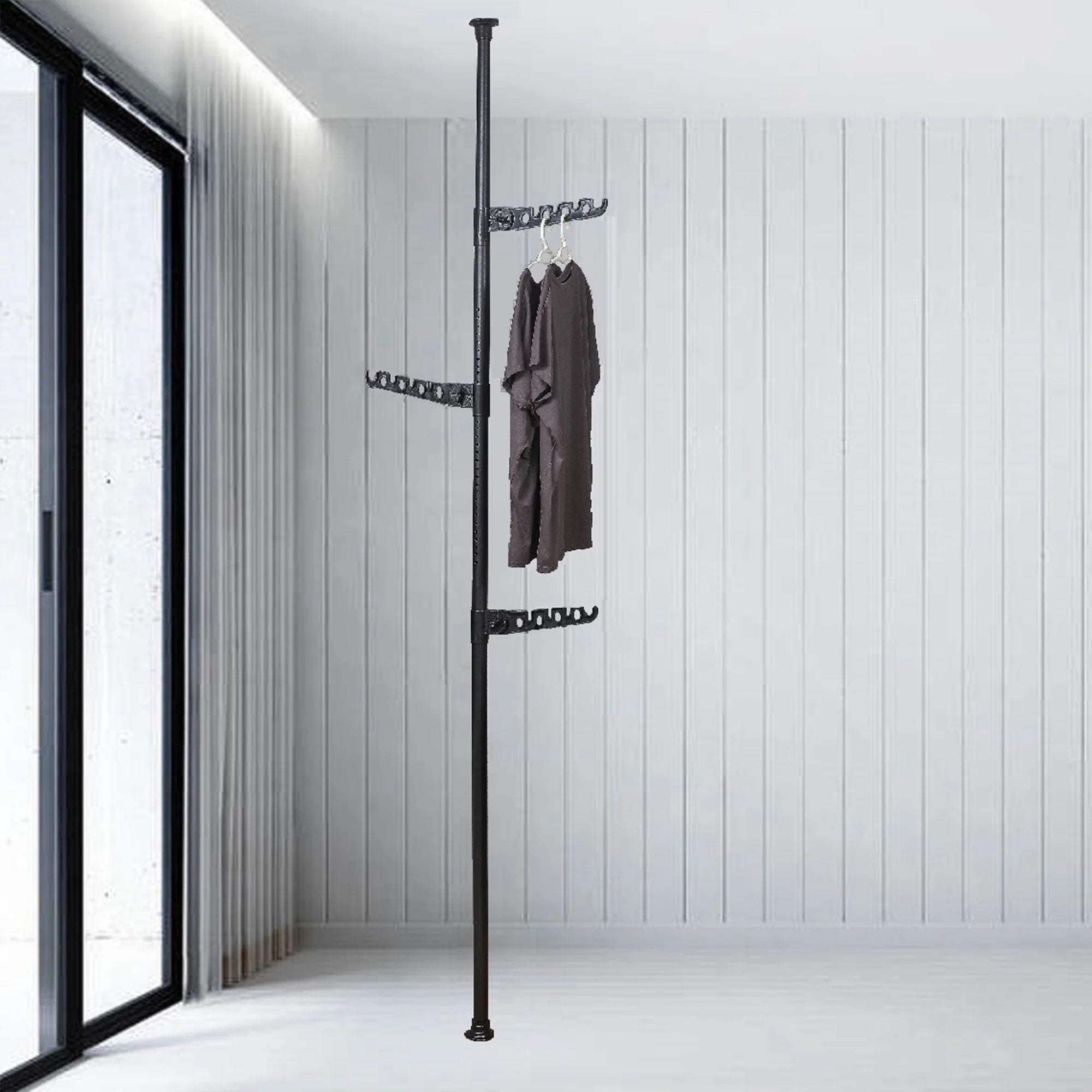 Black Adjustable Floor to Ceiling Tension Clothes Drying Rack A630239