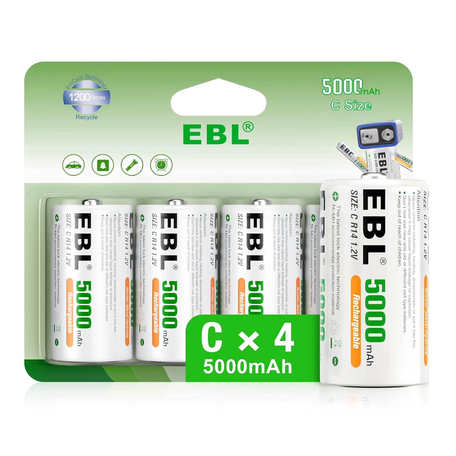 Pack of 4 Rechargeable C Batteries 5000mAh Ni-MH L9989