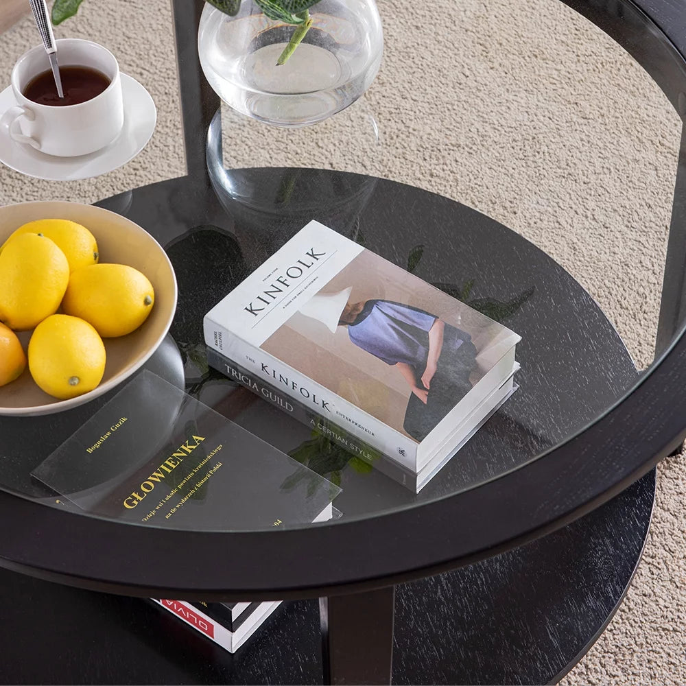 Black Round Tempered Glass Coffee Table with Solid Wood Legs A1992