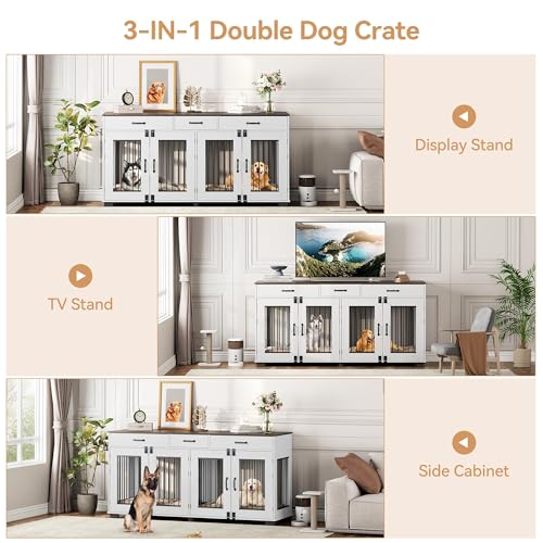 White Wooden Double Dog Crate with 3 Drawers T601938