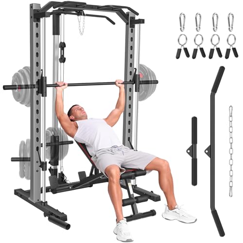 Smith Machine with LAT-Pull Down, Power Cage with Cable Crossover, Squat Rack with Landmine, Barbell Bar, Plate Storage Pegs J671420