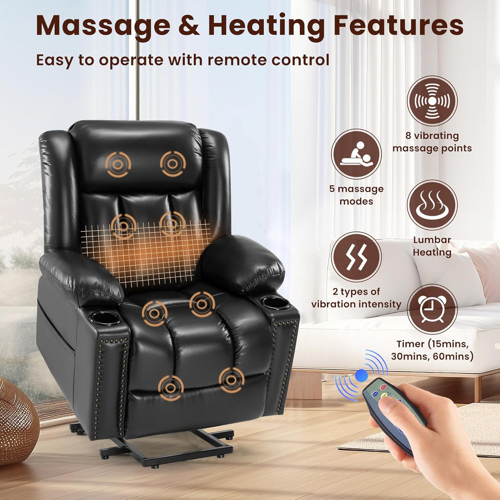 Black Dual Motor Power Lift Chair Recliner with Heat and Massage T493