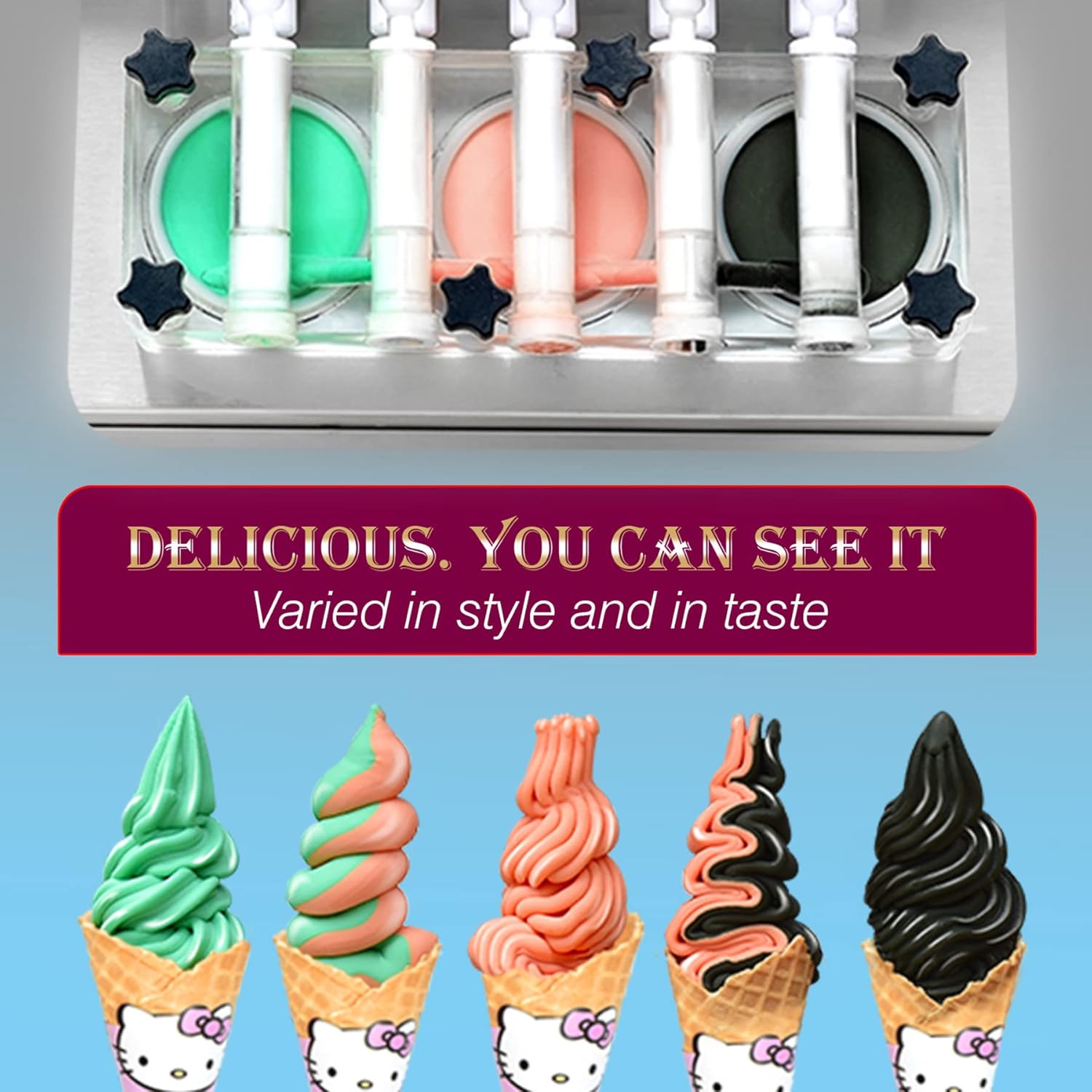 3+2 mixed Flavors Soft Serve Ice Cream Maker, 5 Flavors Ice Cream Machine with Full Transparent Discharge Door & 5 Different Shapes of Mold & Upper Tank Refrigerated N94783