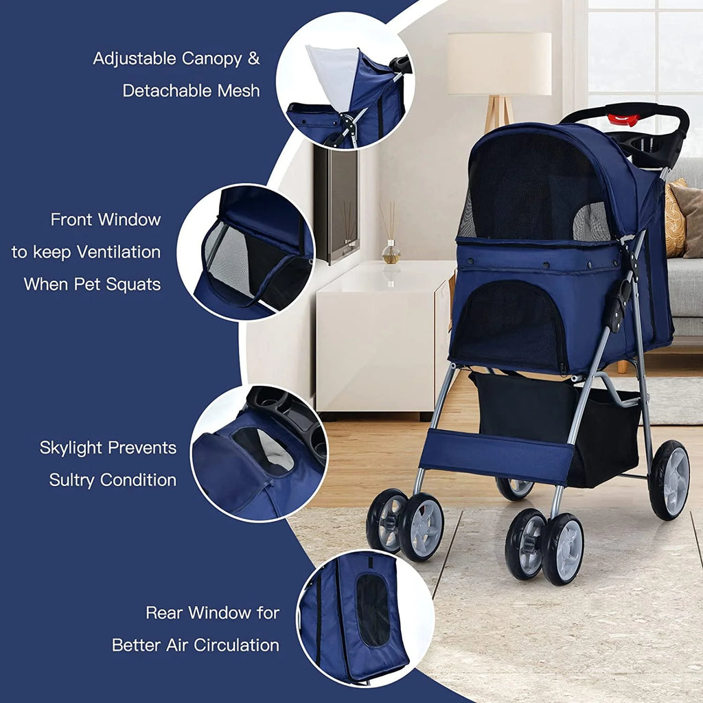 Navy Pet Stroller with 4 Lockable Wheels and Removable Liner R801