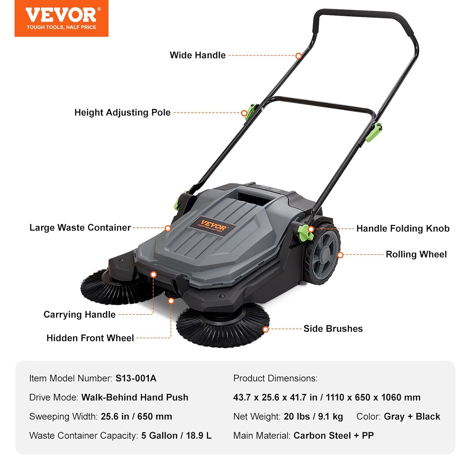 25.6" Sweeping Width Manual Non-Electric Floor Sweeper with 5-Gallon Waste Container X520