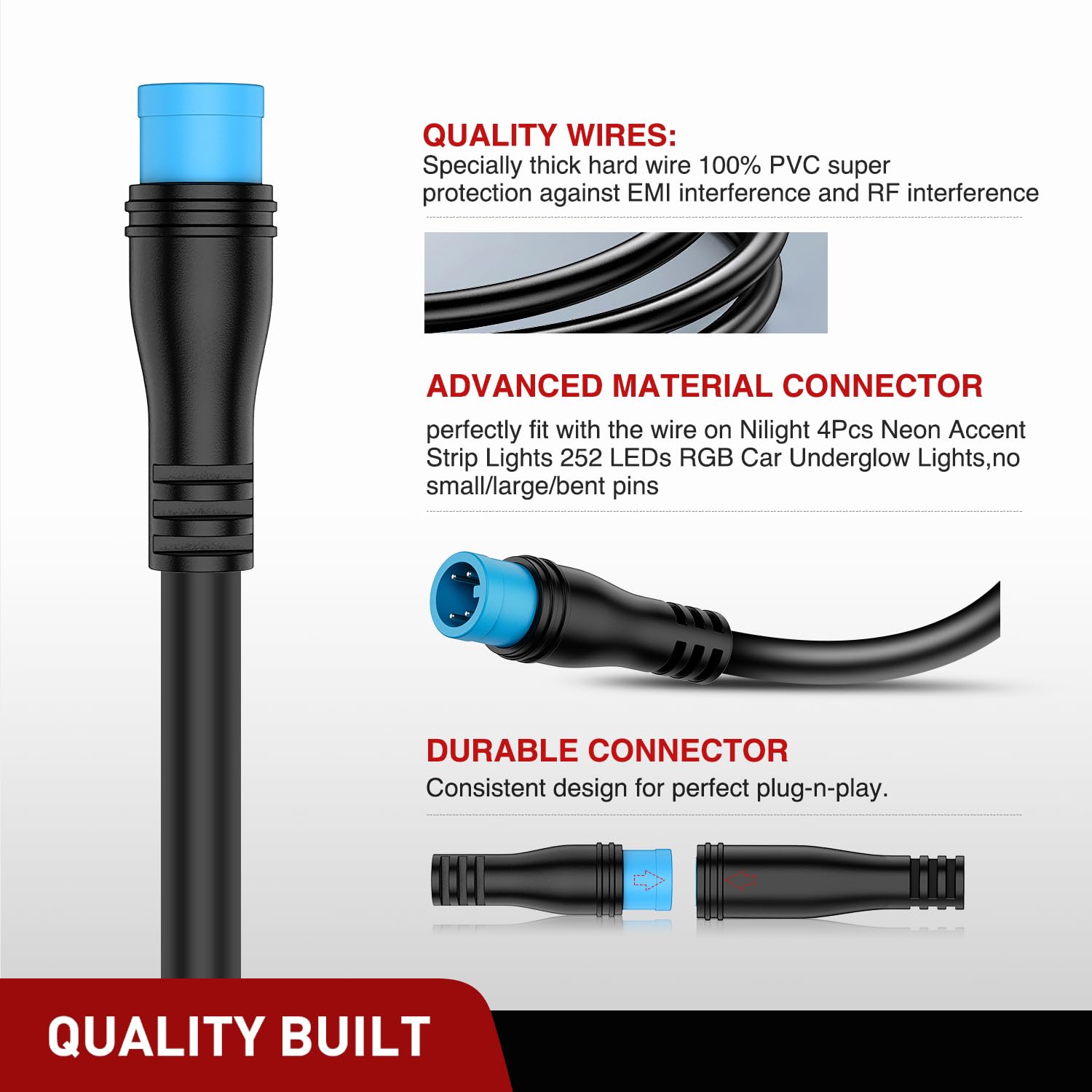2 Pack 5FT 4 Pin Extension Cable Cord for Car Underglow Neon Accent Strip Lights 252 LEDs RGB 8 Color Wire Harness U636410