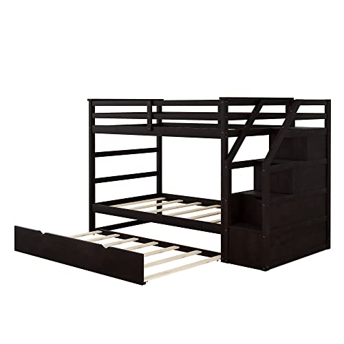 Twin-Over-Twin Wood Bunk Bed with Trundle and Storage Stairs (White) Y46337
