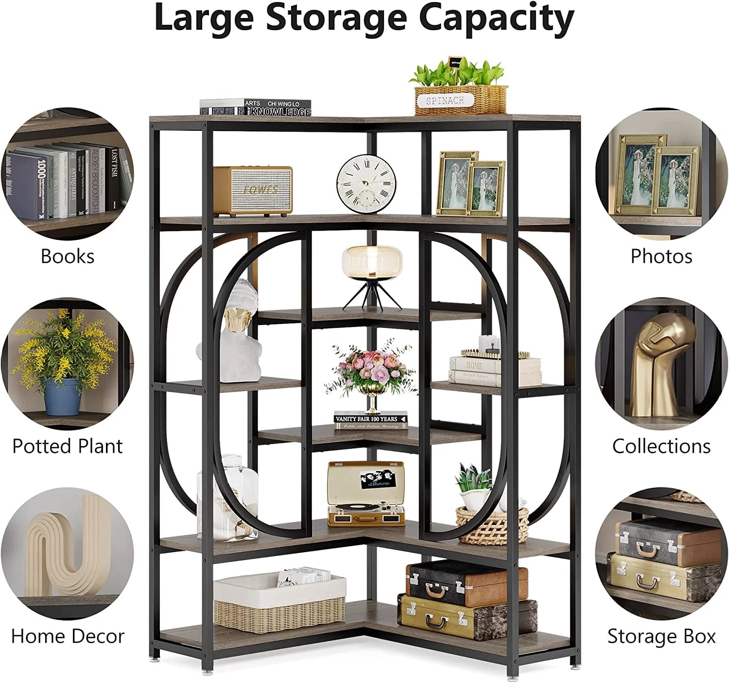 7-Shelf Corner Bookshelf with Metal Frame L710