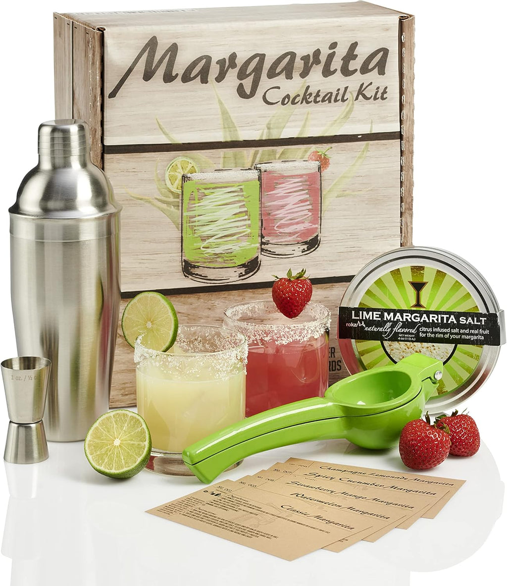 Set of Rocks Glasses, Stainless Cocktail Shaker & Jigger, Citrus Squeezer, Margarita Salt, Recipe Cards S619