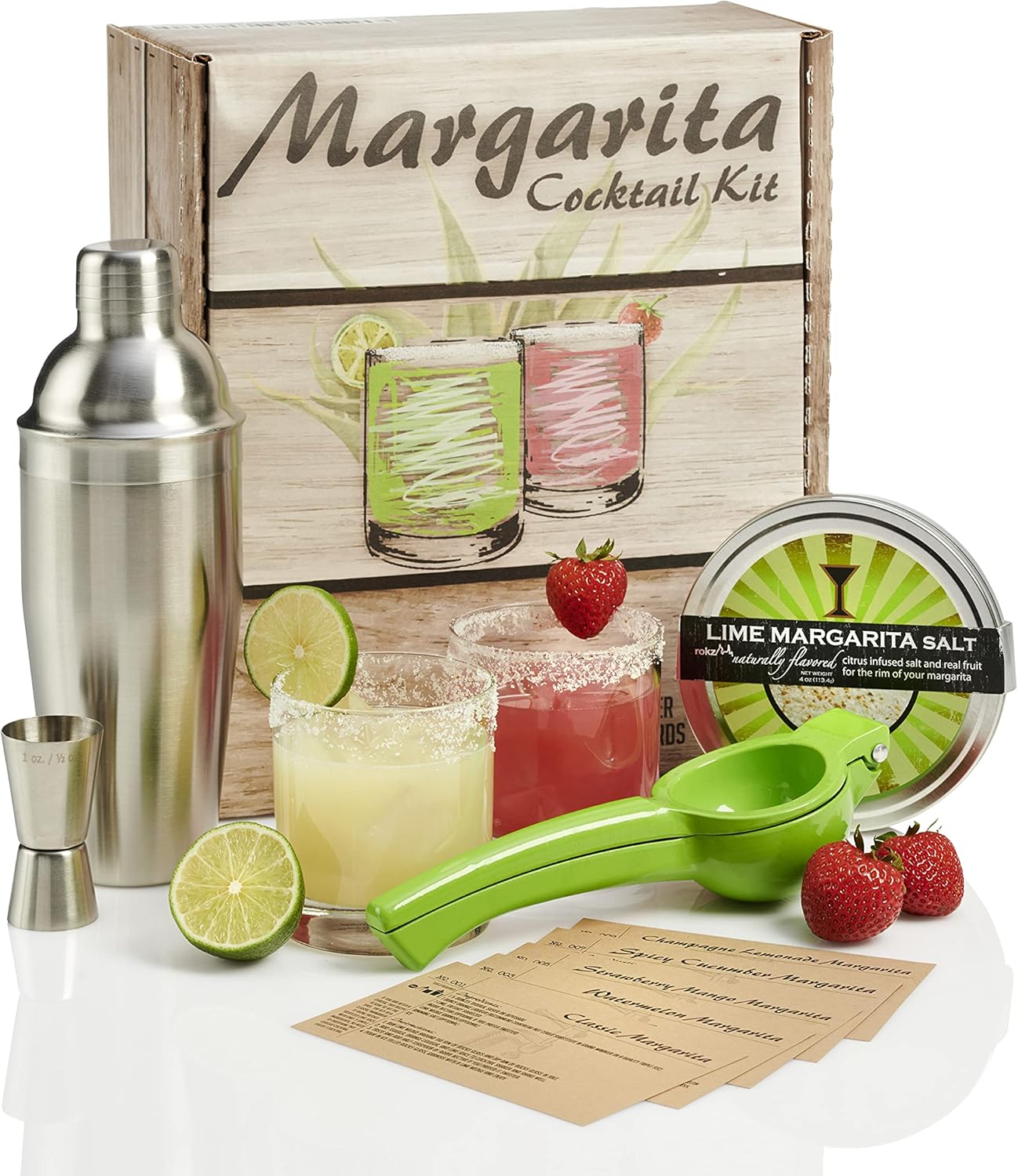 Set of Rocks Glasses, Stainless Cocktail Shaker & Jigger, Citrus Squeezer, Margarita Salt, Recipe Cards S619