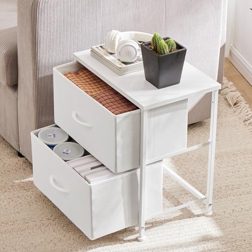 Nightstand with 2 Storage Drawers, Wooden Top Fabric Cabinet X13741