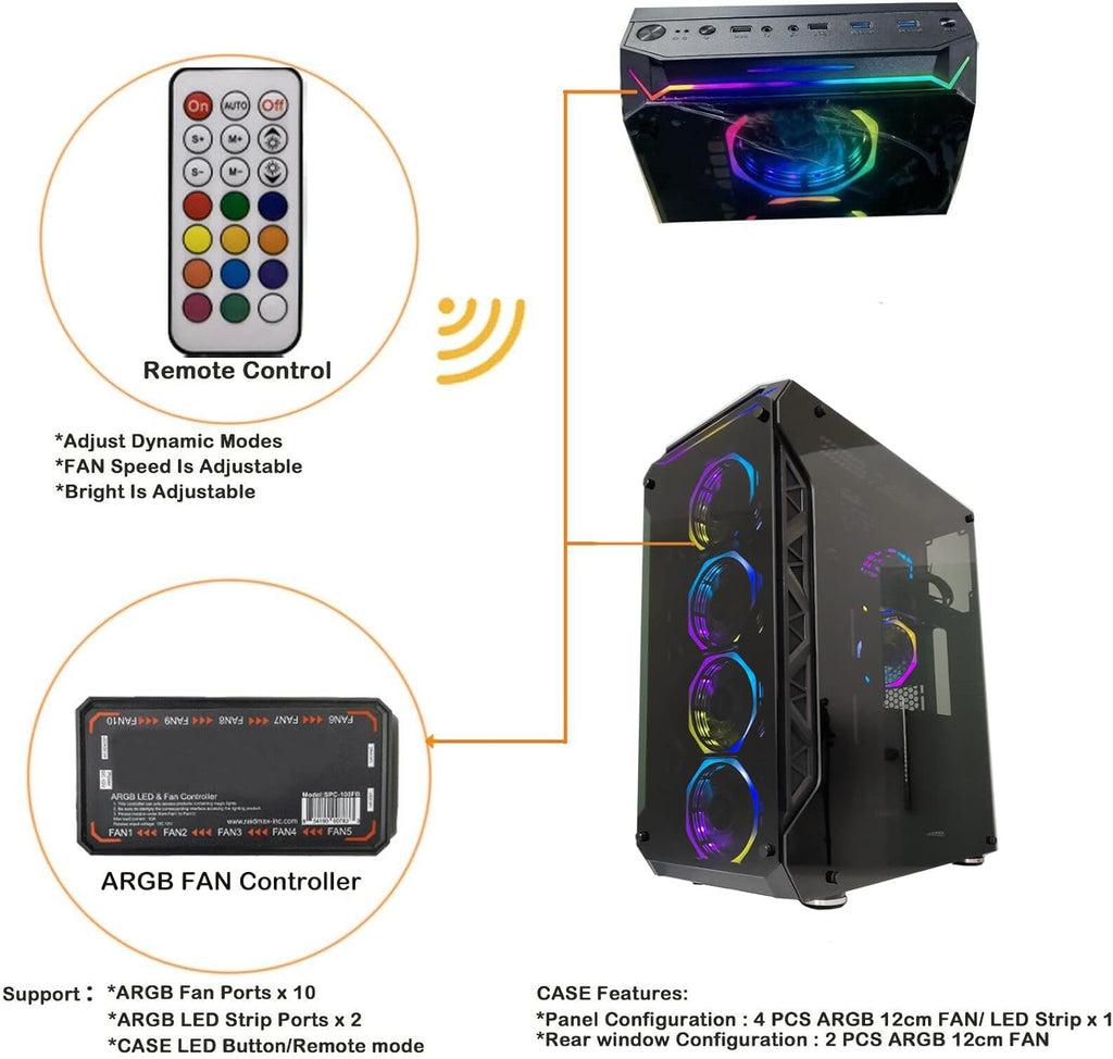 Full-Tower E-ATX Computer Gaming Case with 3-Sided Reinforced Glass, USB 3.0, 6 12cm Fans G5279