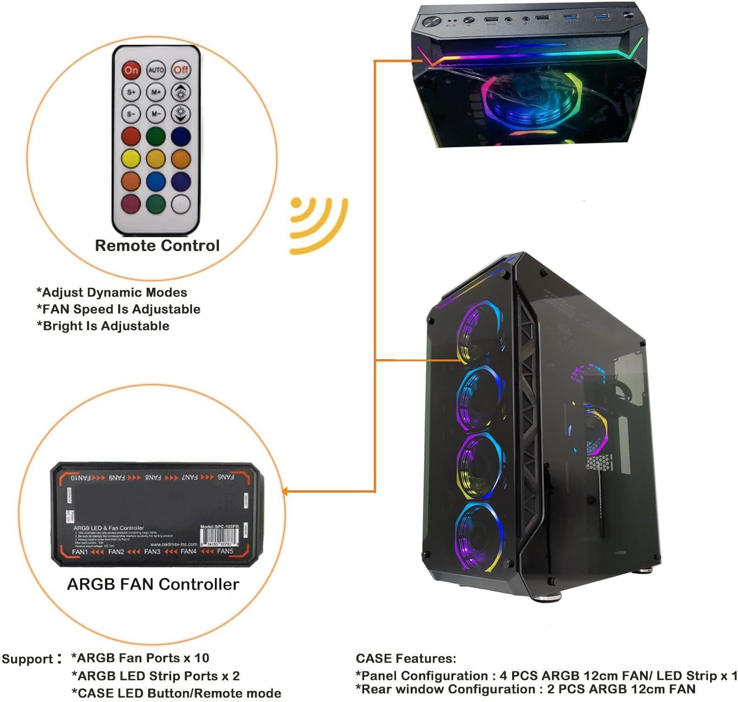 Full-Tower E-ATX Computer Gaming Case with 3-Sided Reinforced Glass, USB 3.0, 6 12cm Fans G5279