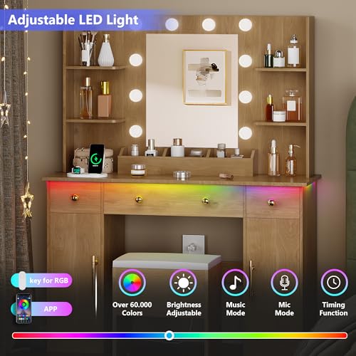White Vanity Desk with Mirror and Lights, 3 Drawers and Cabinets E10663