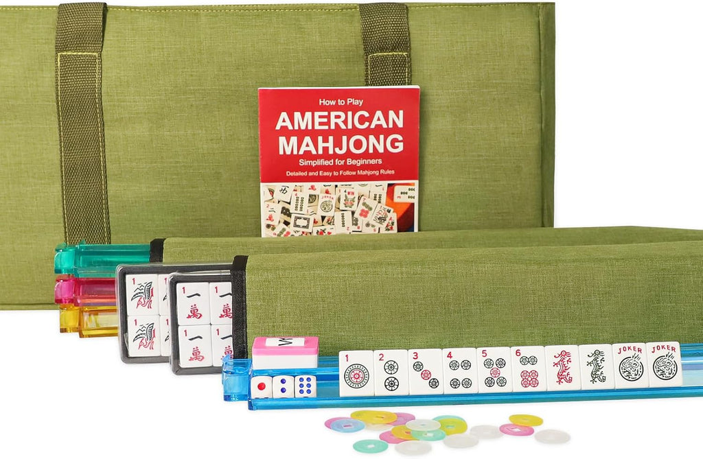 166 White Tiles Mahjong Set with Green Bag and Rack Pushers W276