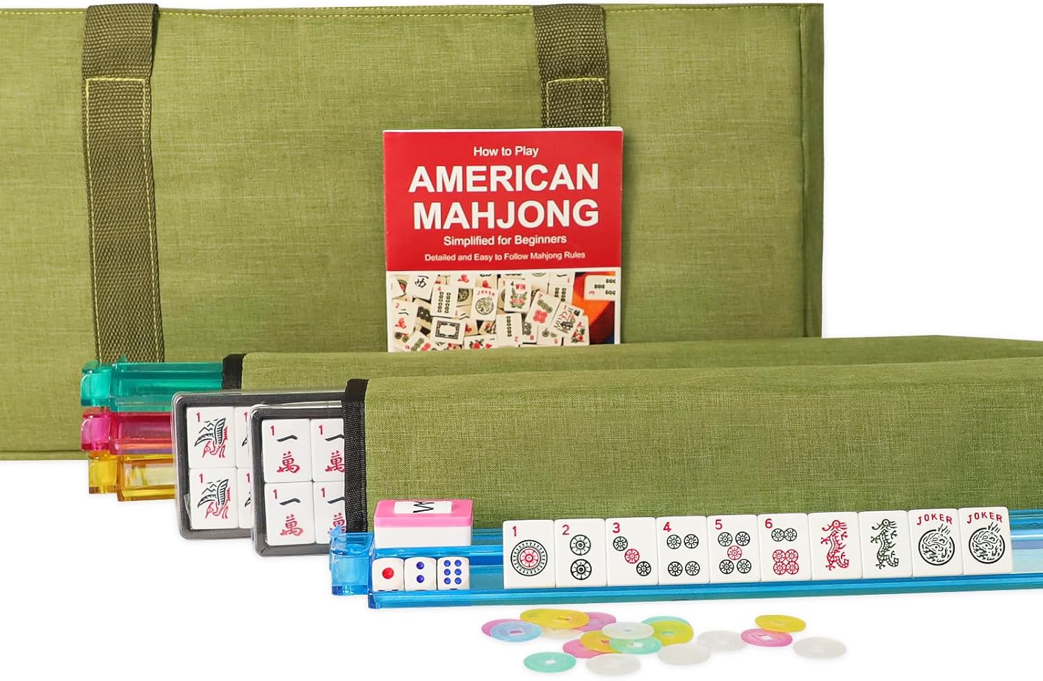 166 White Tiles Mahjong Set with Green Bag and Rack Pushers W276