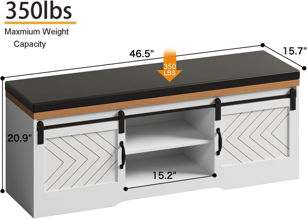 Shoe Storage Bench with Padded Seat Cushion and Sliding Barn Doors Q725